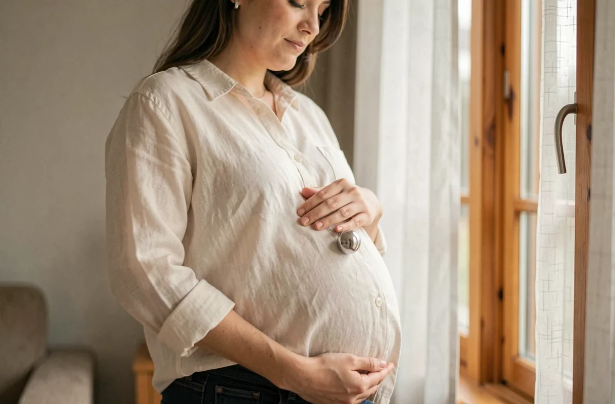 Femme enceinte tenant un bola de grossesse en argent contre son ventre, symbole de maternité et de tradition