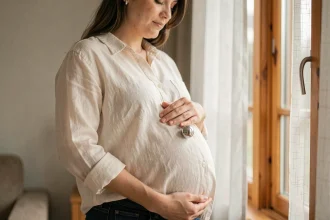 Femme enceinte tenant un bola de grossesse en argent contre son ventre, symbole de maternité et de tradition