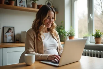 Femme enceinte souriante sur son ordinateur dans la cuisine
