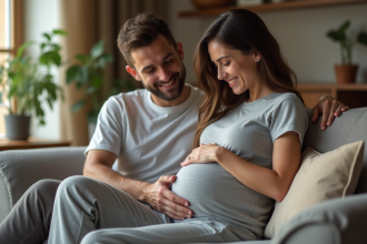 Femme enceinte avec son partenaire dans un salon chaleureux