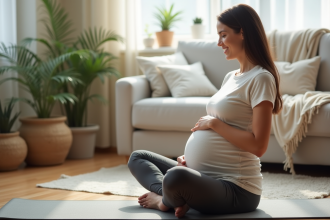 Femme enceinte faisant des étirements doux à la maison