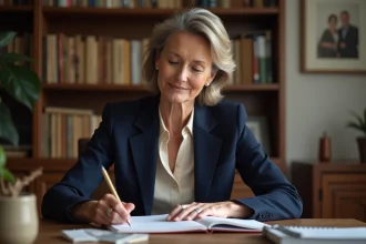 Femme française élégante dans un bureau avec livres