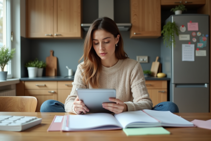 Femme organisée planifiant famille dans une cuisine chaleureuse