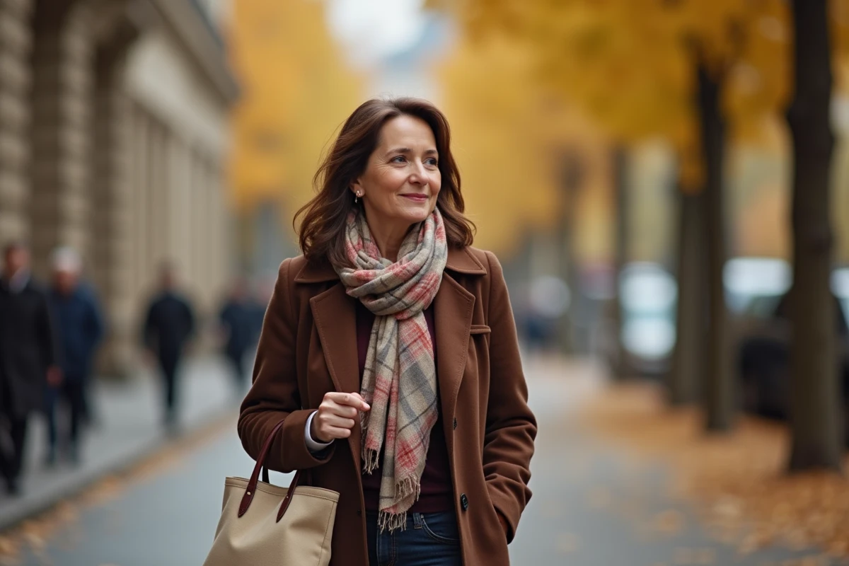 Femme parisienne marche dans une rue automnale