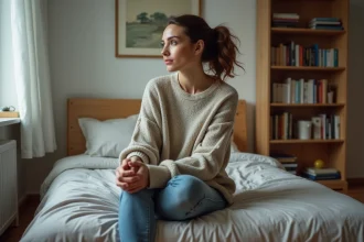 Femme pensive assise sur le lit dans une chambre simple