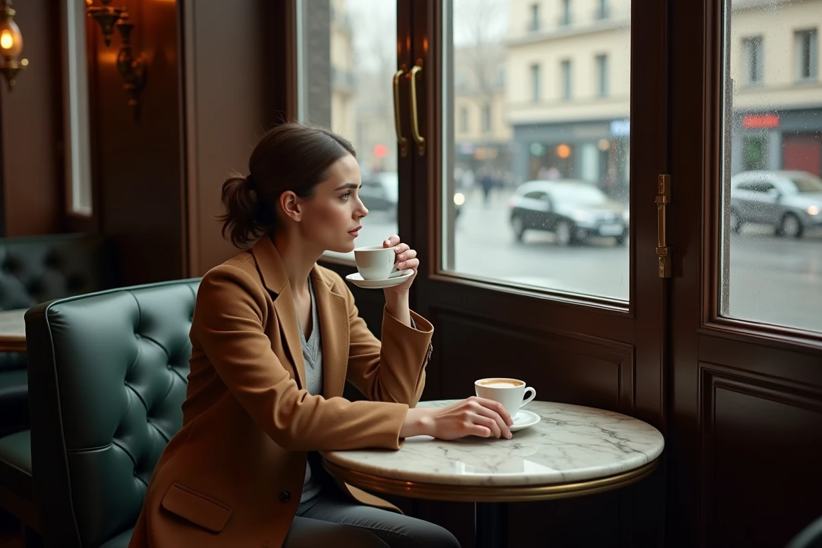 Femme pensive assise seule dans une brasserie parisienne classique, regard tourné vers la fenêtre, illustrant une vie intime préservée