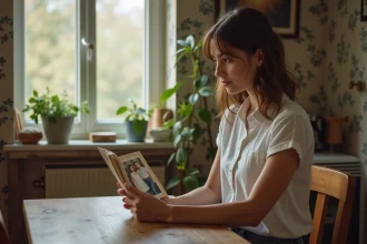 Jeune femme tenant une photo de famille dans la cuisine