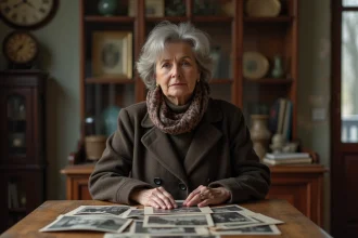 Femme d'âge moyen contemplant une photo ancienne dans un intérieur parisien