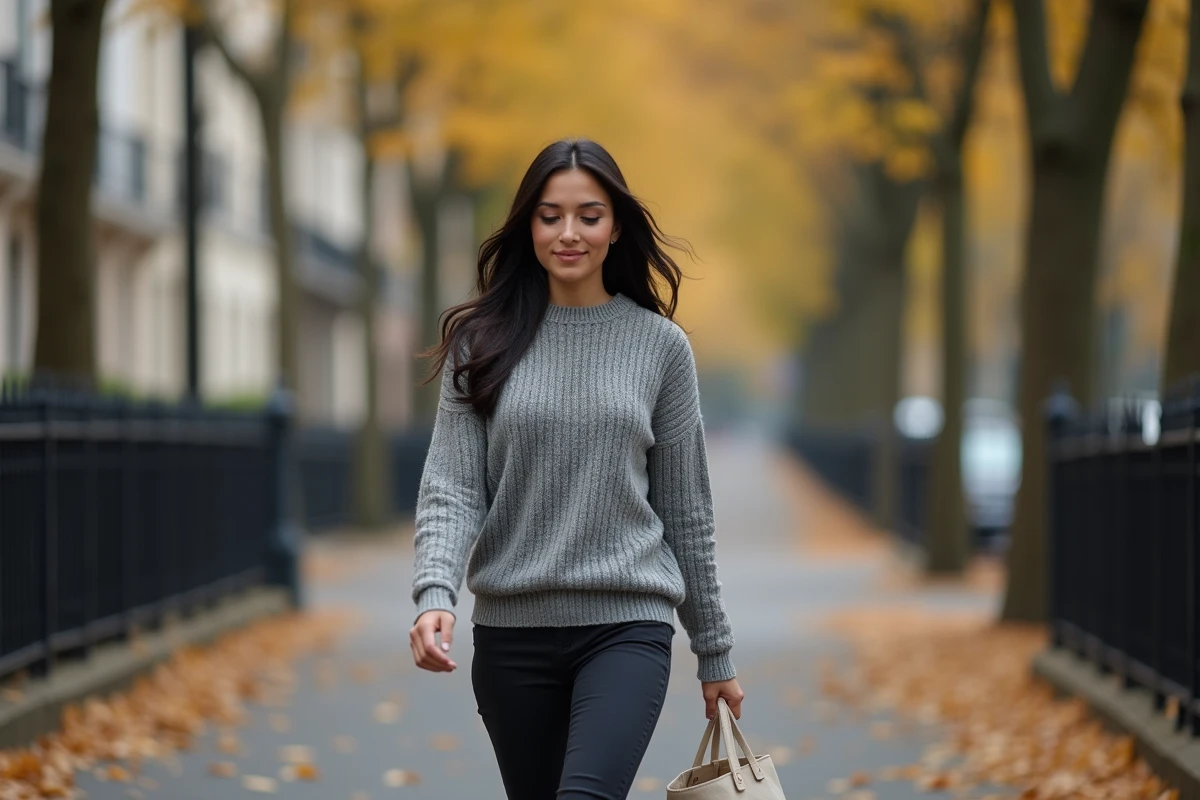Femme élégante et décontractée marchant sur un trottoir parisien en automne, ambiance sereine illustrant l'équilibre et la discrétion dans la vie quotidienne