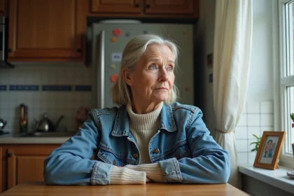 Femme pensant dans une cuisine familiale chaleureuse