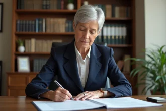 Femme de 55 ans révisant un testament à son bureau à domicile, entourée de documents juridiques et de classeurs