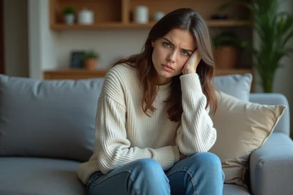 Femme pensive assise sur un canapé moderne dans un appartement