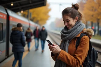 Femme souriante utilisant son smartphone sur une plateforme automnale