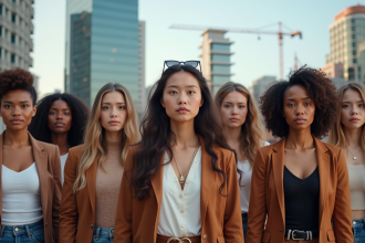 Groupe de femmes diverses en ville avec symboles d empowerment