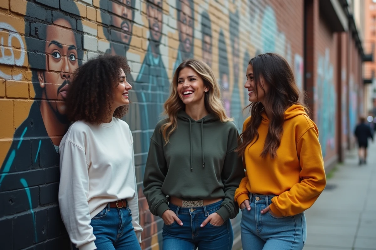 Trois femmes discutant devant un mur graffiti urbain