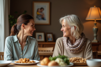 Deux femmes souriantes lors d'un repas familial à l'intérieur