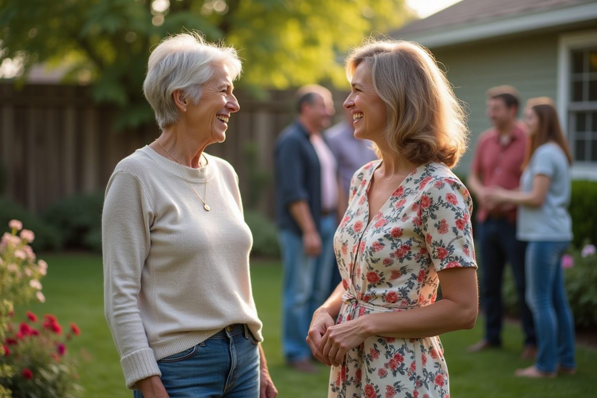 Deux femmes discutant dans un jardin familial en extérieur