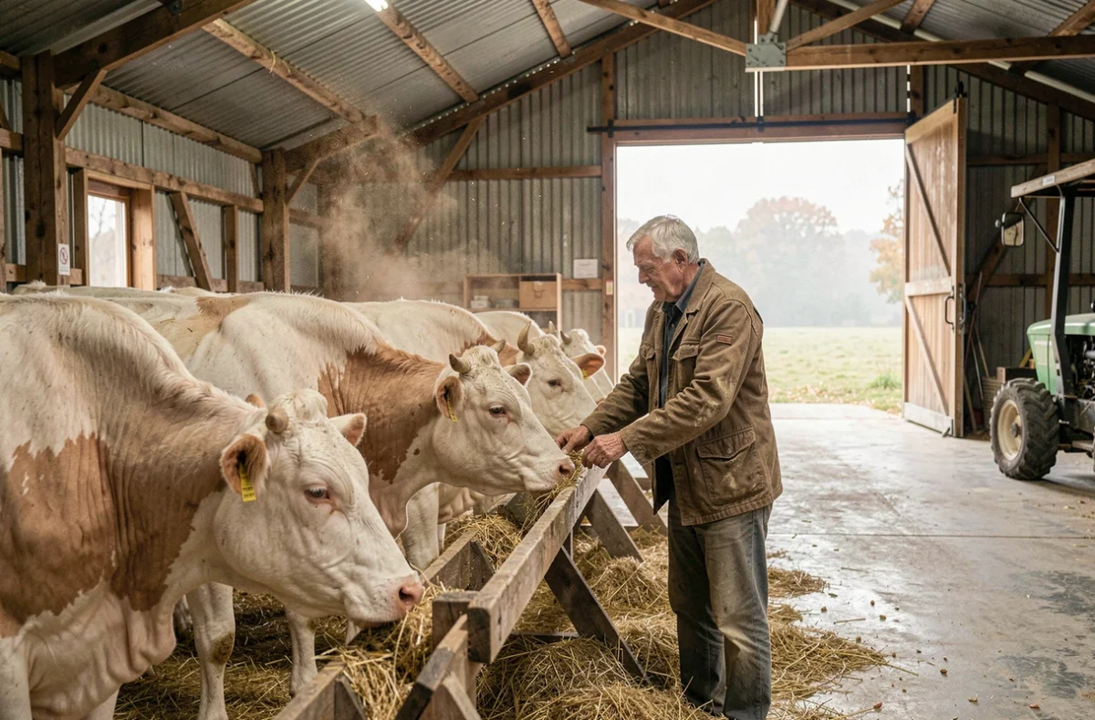 Agriculteur nourrissant des vaches Charolaises blanches dans une grande grange en bois à la Ferme de la Marlière à Saint-Vincent-en-Bresse par un matin d'automne brumeux
