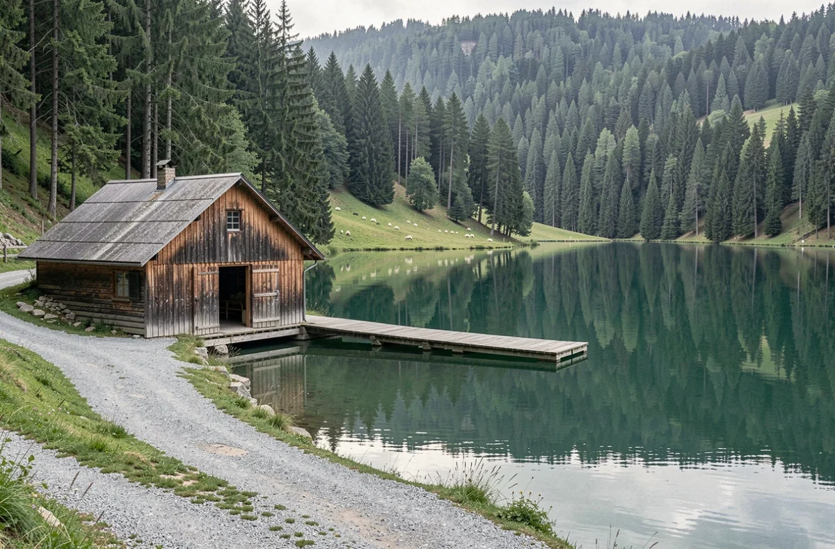 Vue panoramique de la Ferme Des 20 Lacs à Menetrux-en-Joux avec son bâtiment rustique en bois au bord d'un lac forestier calme entouré de sapins et de moutons au pâturage
