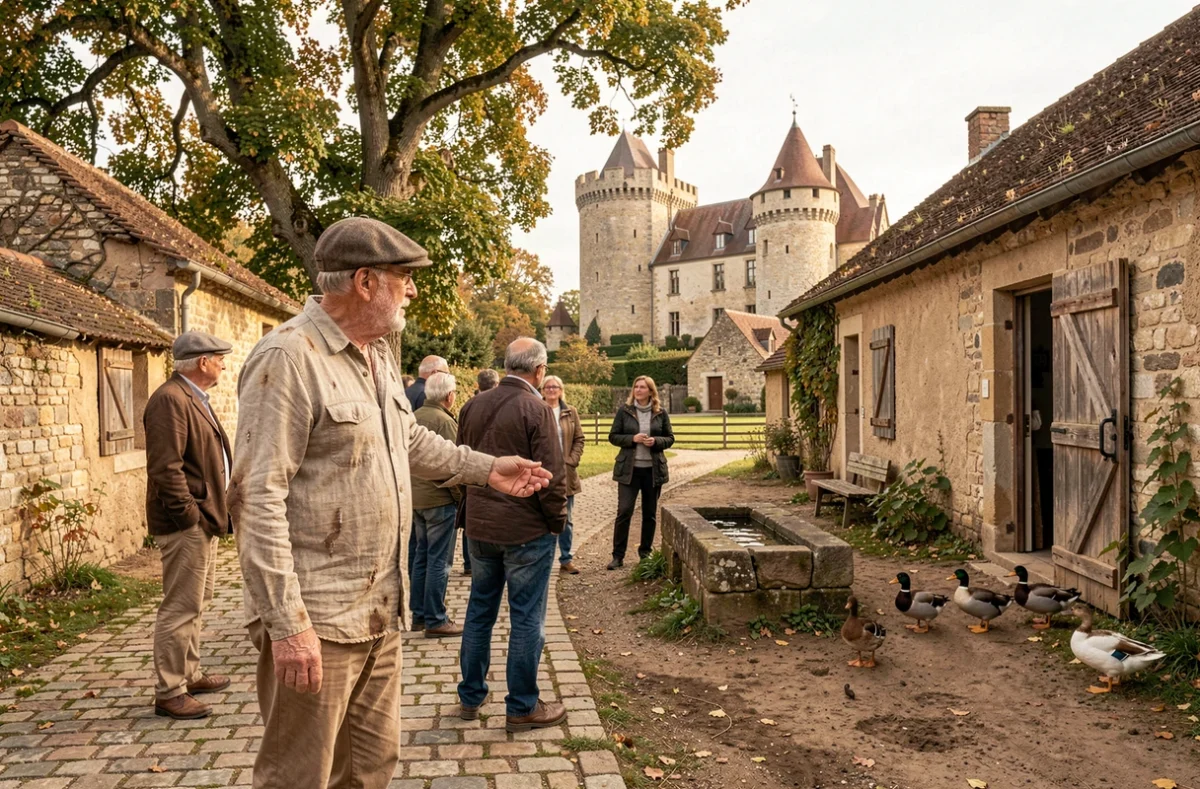 Guide accompagnant des visiteurs dans la cour de la Ferme du Château à Saint-Fargeau avec le château médiéval visible en arrière-plan parmi les chênes