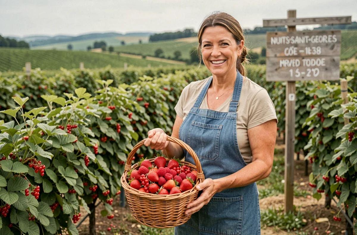 Femme tenant un panier de fruits rouges fraîchement cueillis dans les rangées de framboisiers et groseilliers de la Ferme Fruirouge à Nuits-Saint-Georges