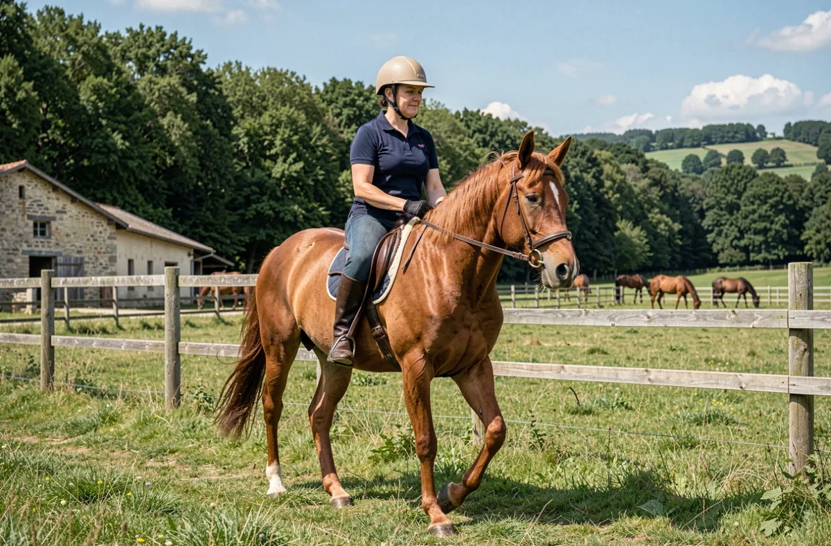 Cavalière en casque beige guidant un cheval alezan dans un paddock verdoyant de la Ferme d'ISIS à Pouilly-en-Auxois avec le plateau bourguignon en arrière-plan