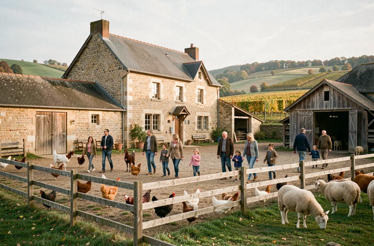 Vue panoramique d'une ferme pédagogique traditionnelle en Bourgogne-Franche-Comté avec familles et animaux dans une cour rustique en pierre