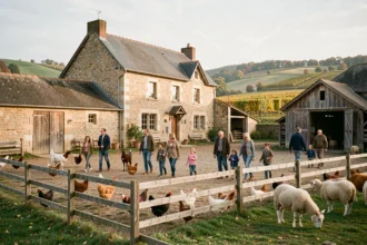 Vue panoramique d'une ferme pédagogique traditionnelle en Bourgogne-Franche-Comté avec familles et animaux dans une cour rustique en pierre