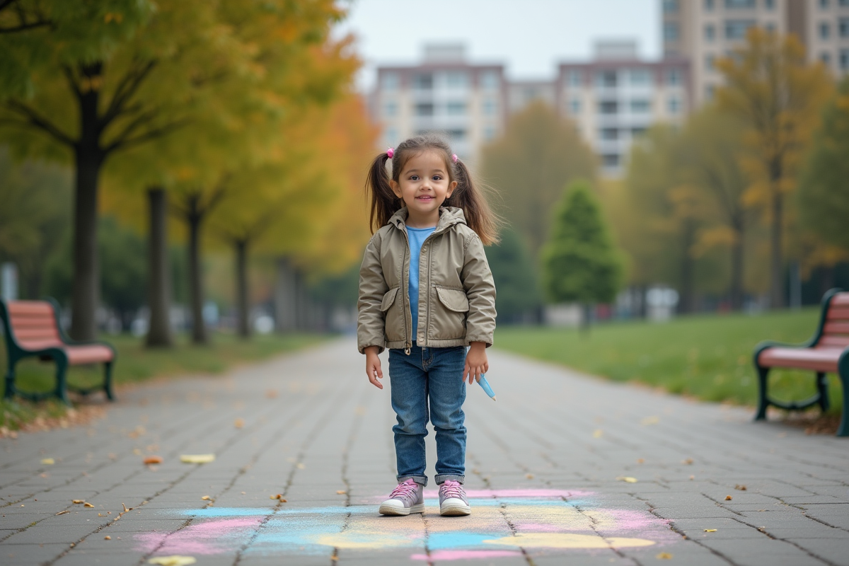 Jeune fille dessine avec de la craie dans un parc