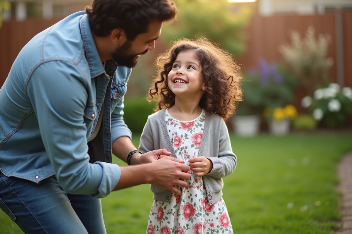 Fille de 4 ans en robe fleurie avec son père dans le jardin