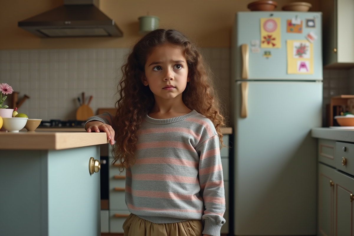 Fille de 10 ans inquiète près du plan de travail cuisine