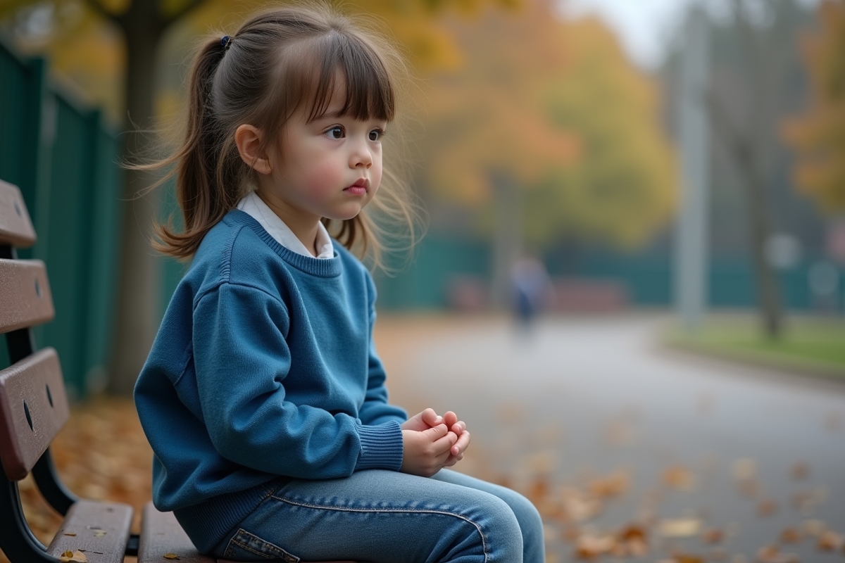 Jeune fille assise seule sur un banc d'école en automne