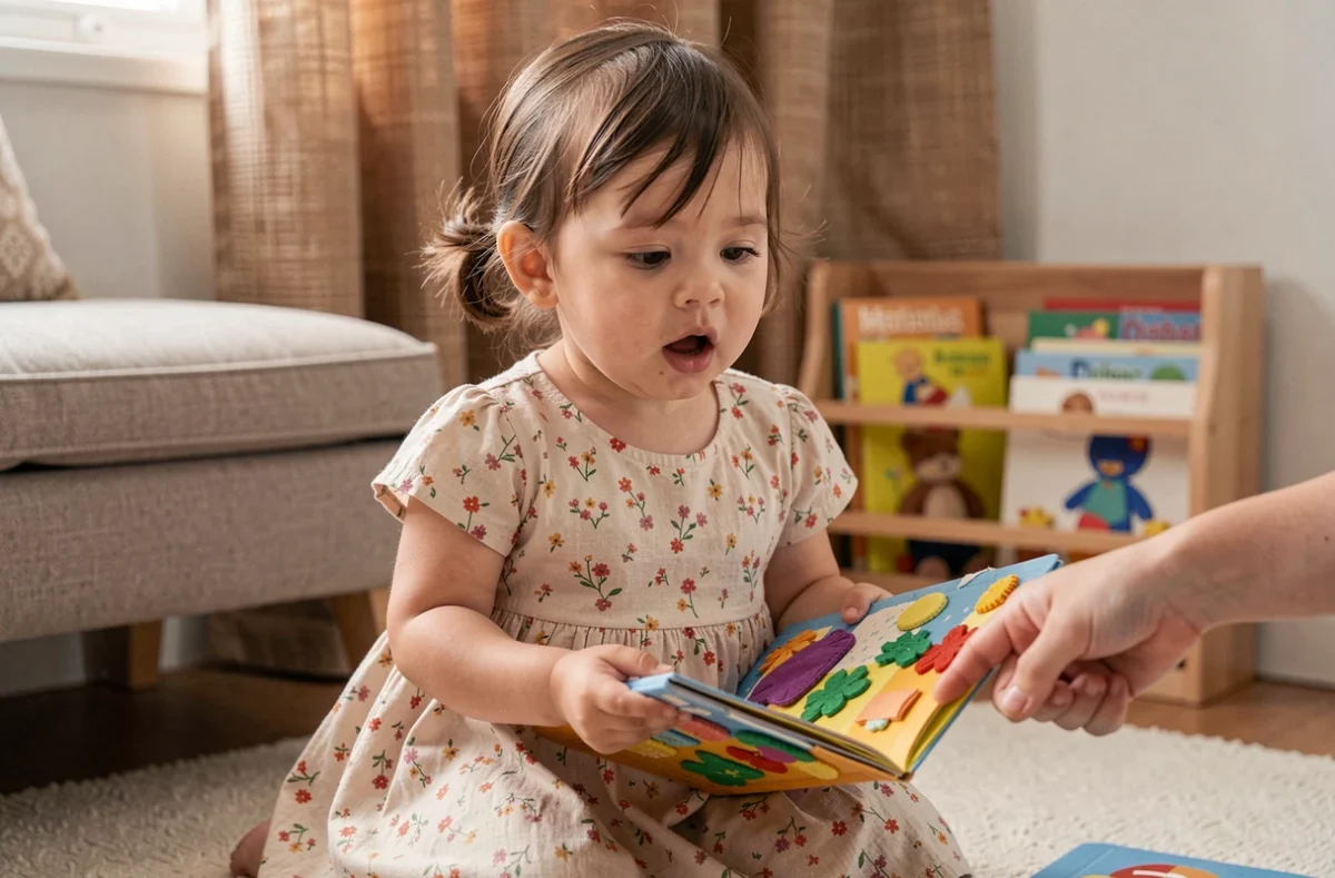 Petite fille de 17 mois feuilletant un livre sensoriel en tissu Montessori pour stimuler le langage et la curiosité
