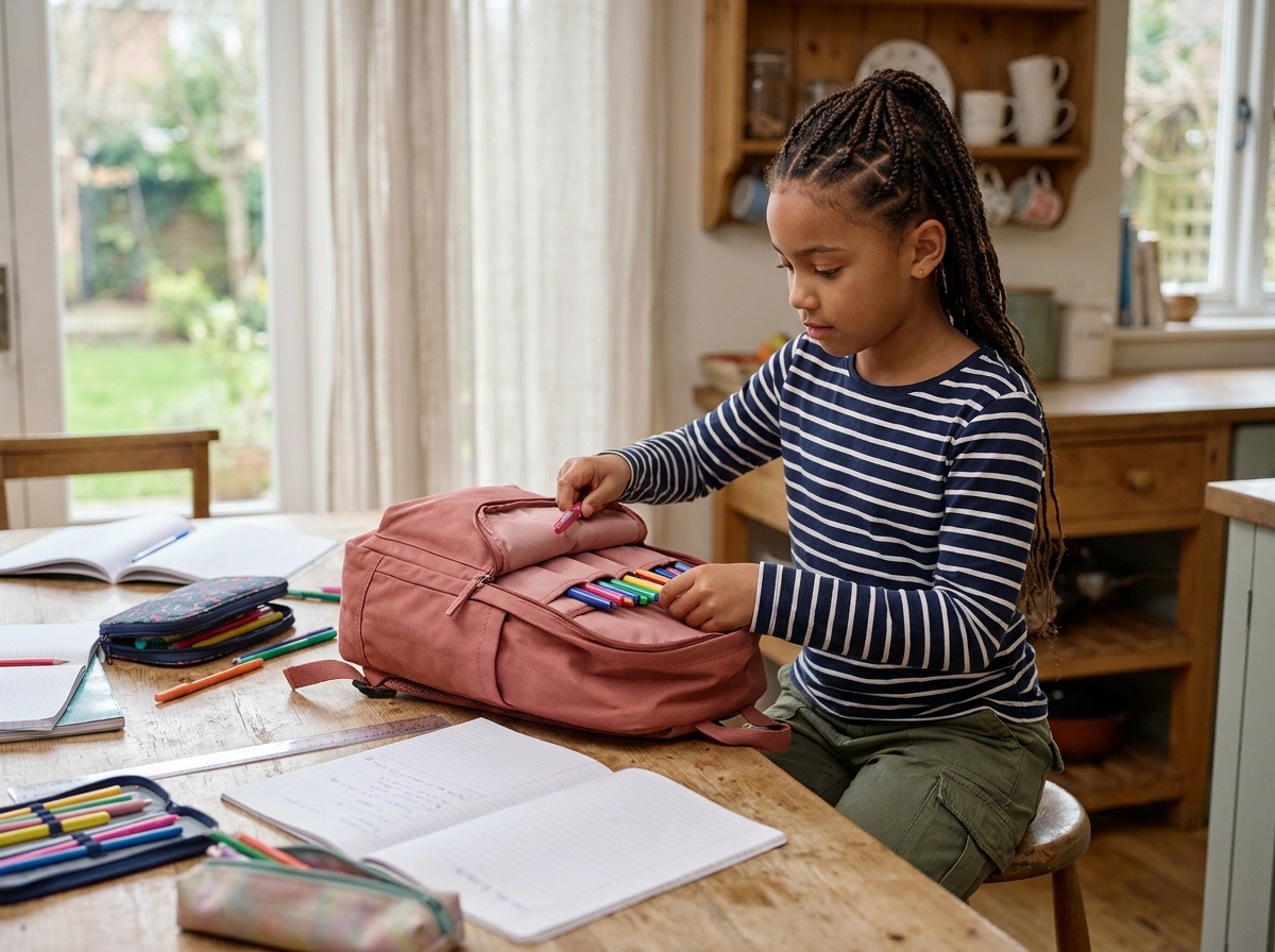 Petite fille préparant son cartable rose à la maison avec ses fournitures scolaires avant la rentrée