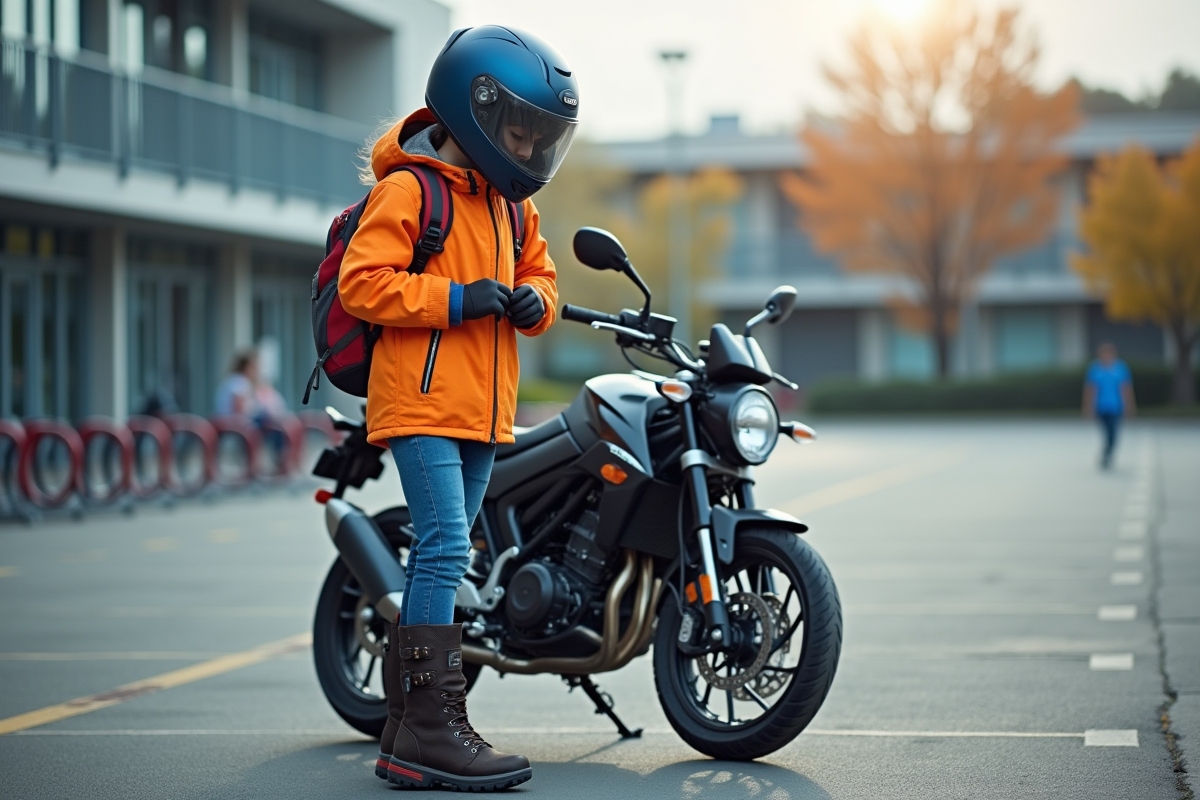 Fille de 14 ans en équipement de sécurité près de sa moto à l