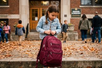 Fillette d'environ 8 ans essayant un cartable bordeaux devant l'entrée d'une école en automne