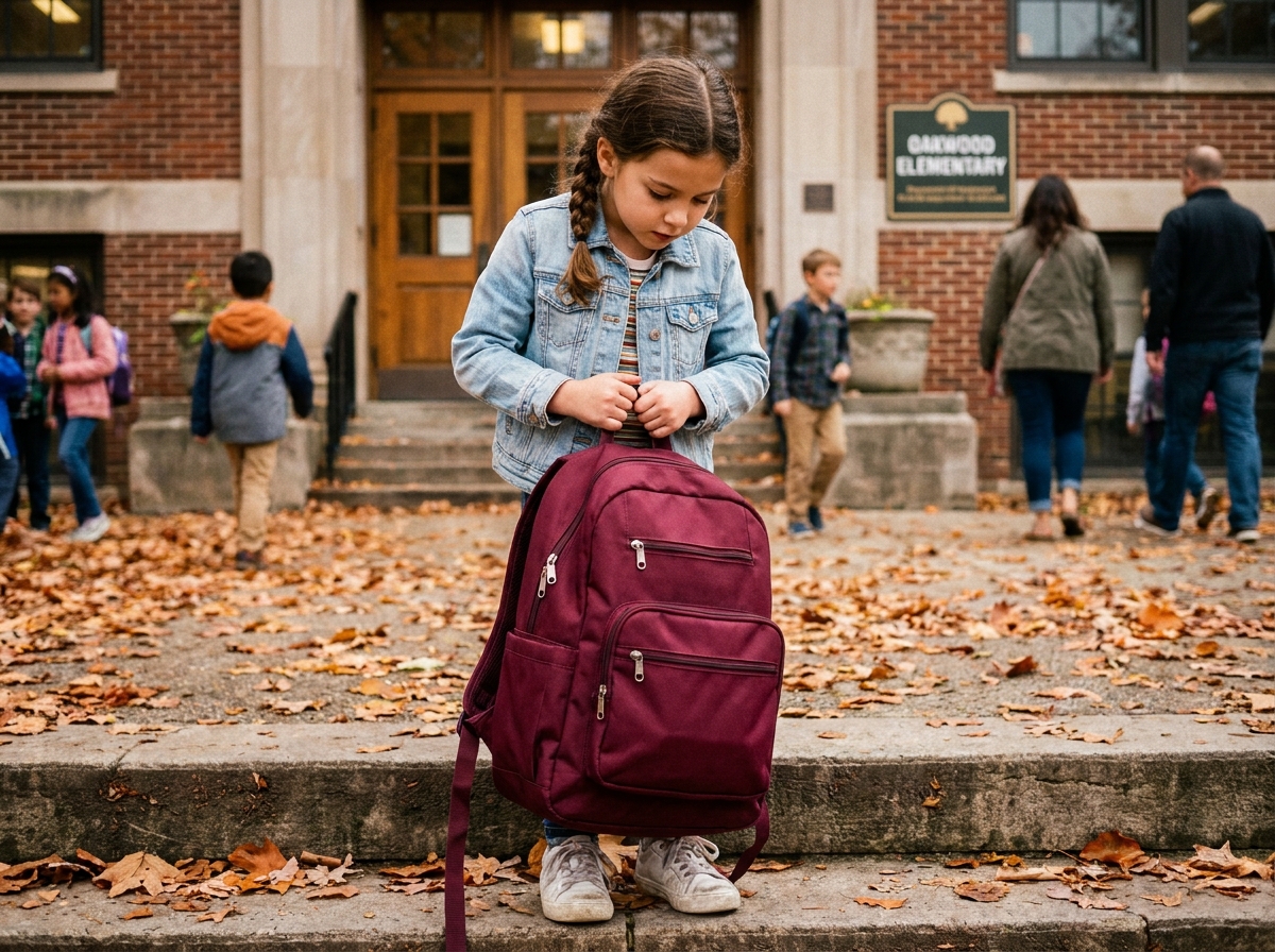 Fillette d'environ 8 ans essayant un cartable bordeaux devant l'entrée d'une école en automne