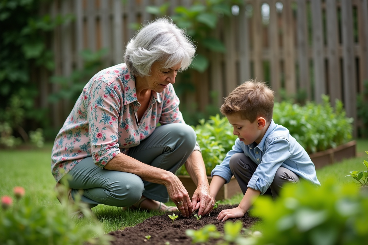 Une femme âgée montre à un garçon comment planter des graines dans le jardin