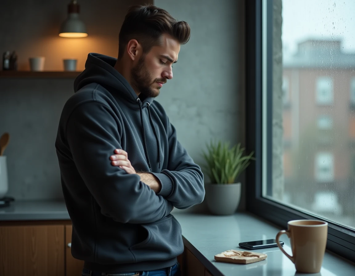 Jeune homme adulte debout près d'une fenêtre pluvieuse, bras croisés, ignorant son téléphone posé sur une étagère, exprimant le silence et la distance émotionnelle