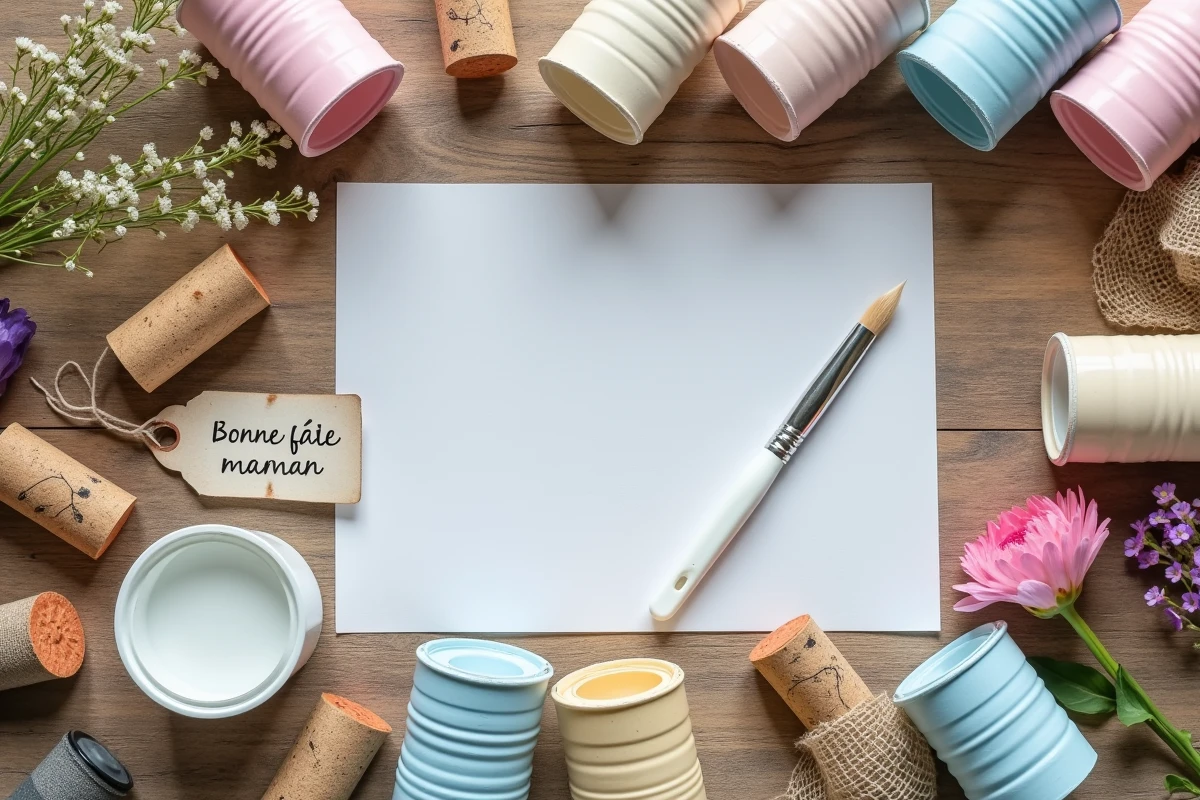 Vue du dessus de matériaux de récupération disposés sur une table en bois pour un bricolage fête des mères fait maison