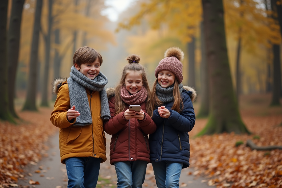 Trois freres marchant dans la forêt en automne