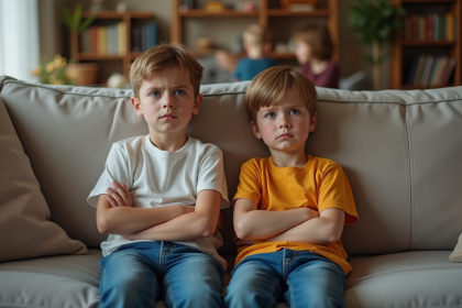 Deux jeunes freres frustrés assis sur un canapé familial