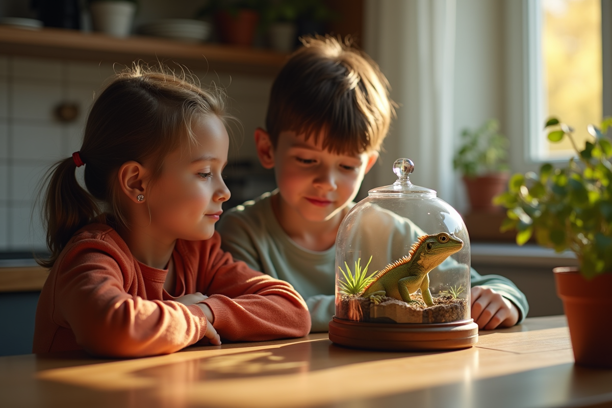 Freres observant un dragon lizard dans un terrarium au matin