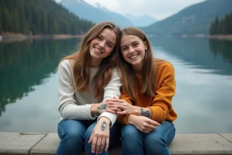 Frère et sœur jeunes avec tatouages sur un lac de montagne