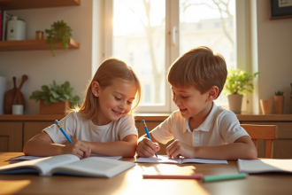 Deux frères souriants aidant aux devoirs à la table lumineuse