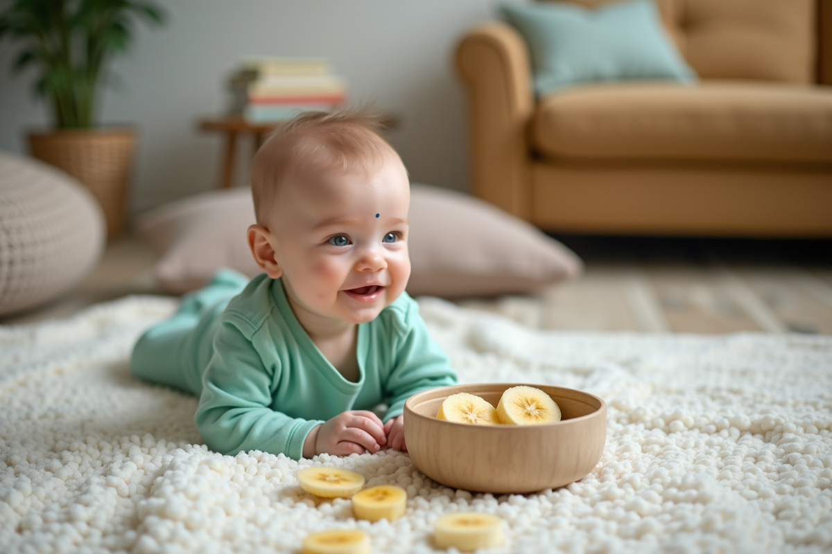 Bebe garçon en vert regardant des tranches de banane sur un tapis blanc
