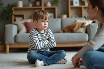 Jeune garçon de 8 ans frustré dans un salon moderne
