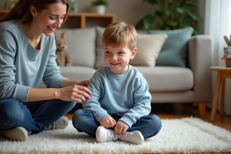 Garçon de 4 ans en sweat bleu et jeans dans un salon chaleureux