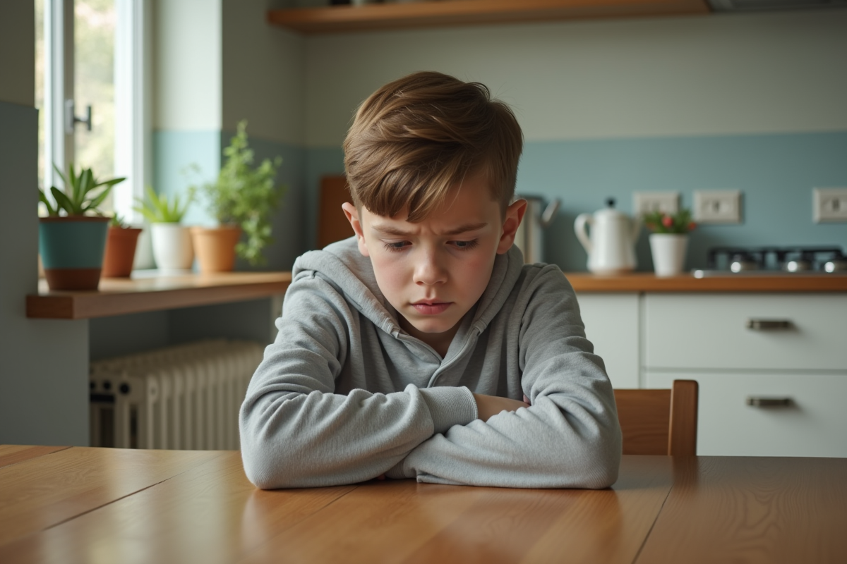 Garçon en colère assis à la table de cuisine