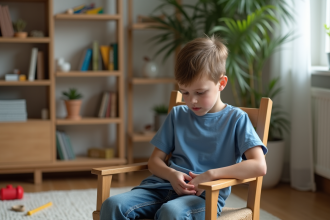 Garçon de 10 ans assis pensif dans un salon chaleureux